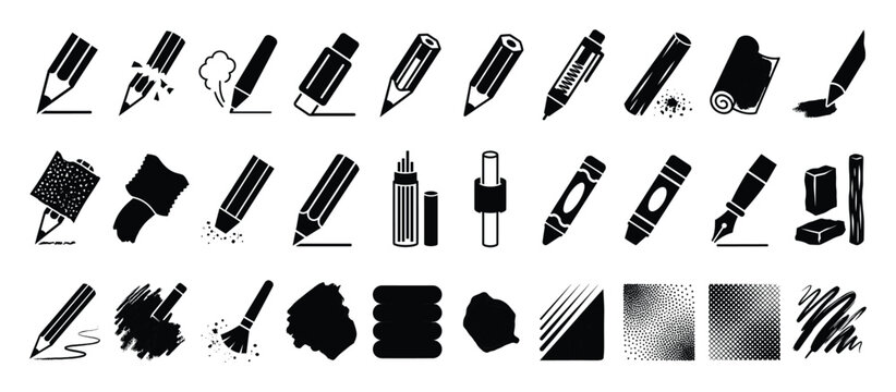 Set of drawing tool icons. Writing instruments, sketching supplies, art stationery symbols. Education, school, creative, graphic design elements for web and app UI.