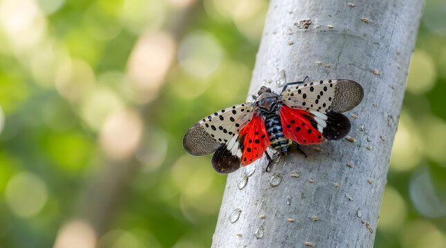 Spotted lanternfly with striking red wings and black spots on grey tree bark. Perfect for nature, insect, environmental themes.