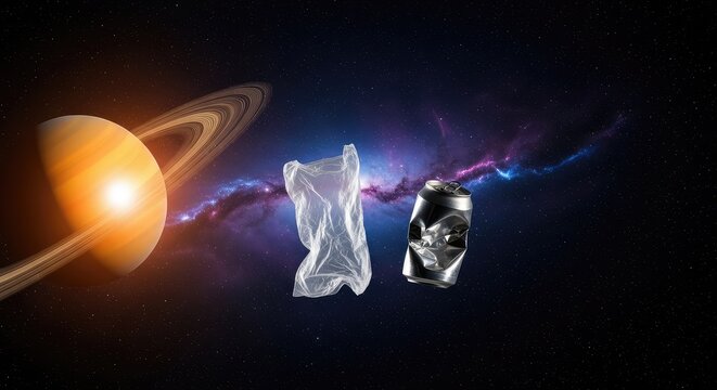 A discarded plastic bag and a crushed metal can float aimlessly past a glowing ringed planet and a vibrant purple nebula in the deep void, outer space, light, exploration