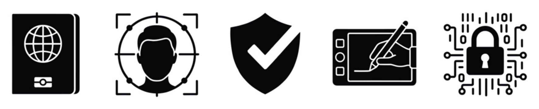Set of security and identity icons. Passport, facial recognition, shield, digital signature, cybersecurity symbols. Verification and access control pictogram collection.