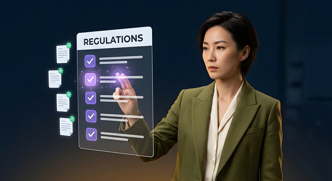 Businesswoman managing regulatory compliance checklist on holographic interface for corporate governance risk management policy adherence and legal regulations monitoring platform and audit