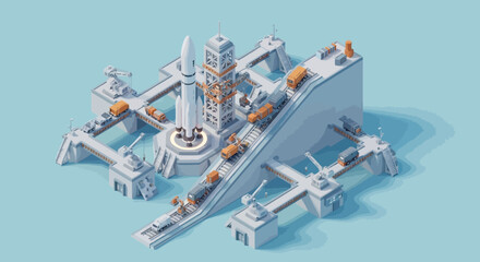 Isometric illustration of a futuristic spaceport with spacecraft and rocket. © Shafiet