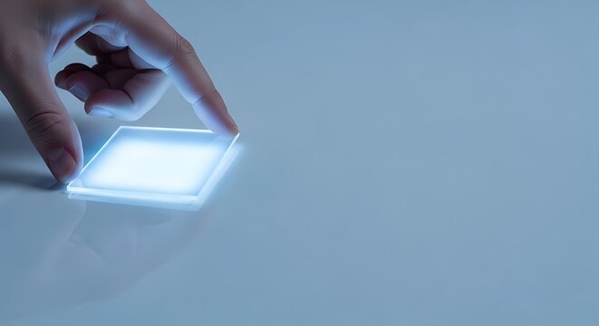 Hand interacting with glowing square interface on sleek surface