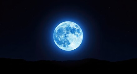 Fototapeta premium A glowing azure moon hangs in the deep midnight sky, casting a soft sapphire radiance over a dark landscape with stars twinkling far away, moon, stillness, night