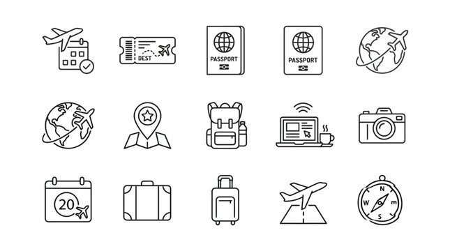 Travel and vacation icons including passport airplane and luggage for tourism and booking websites isolated on white background.
