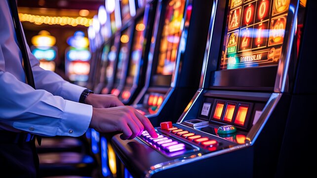 Man playing slot machine in casino gaming entertainment center