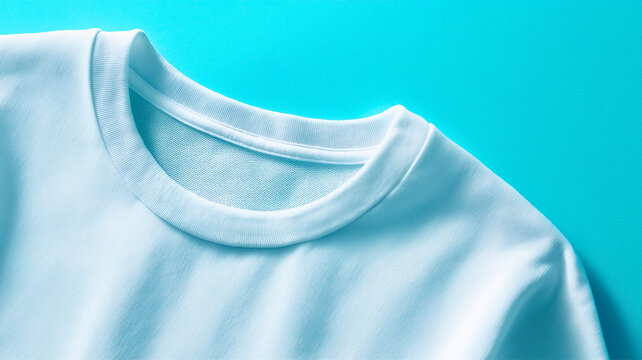 High fashion solid men undershirt in premium white cotton fabric, centered isolated composition with realistic soft textile texture, vibrant teal studio background, balanced daylight illumination, 