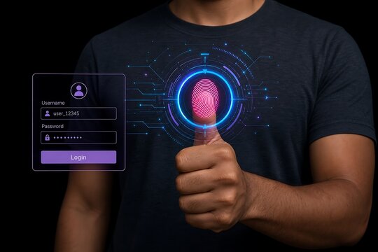 Person uses a biometric fingerprint scan for secure login authentication, enhancing digital privacy and data protection on a dark background.