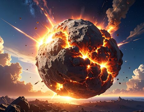 Asteroid Impact Explosion on Planet Surface.