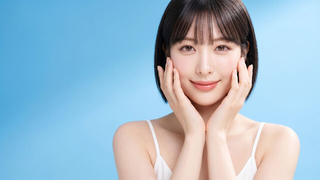 澄んだブルーの背景の前で両手を頬に添え、うるおい感のある素肌とやさしい微笑みを見せるショートヘア女性のビューティーポートレート。保湿、透明感、スキンケア、フェイスライン、美容医療、コスメ広告、清潔感の演出に使いやすい、爽やかで親しみやすい美容イメージ
