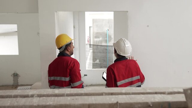 Two construction workers wearing safety helmets discussing renovation progress and reviewing plans inside unfinished building interior.