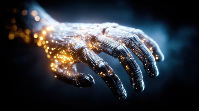 Intricate robotic hand glows with vibrant circuits, symbolizing future tech and innovation.
