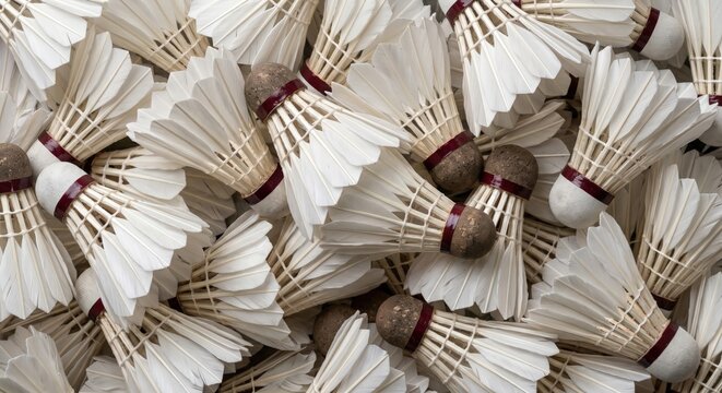 A large pile of white feather shuttlecocks for professional badminton games arranged in a dense pattern with natural soft lighting for sports equipment