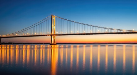 Fototapeta premium A majestic suspension bridge stretches across a wide river at twilight, illuminated by golden lights reflecting on the calm dark water surface, calm, crossing, elegant