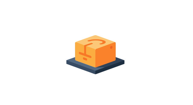Orange cube with question mark symbol on dark blue base, isometric view, isolated on white background