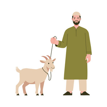 Muslim Man with Goat for Eid Al adha Celebration