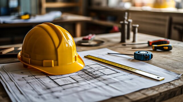 Yellow construction helmet placed on architectural blueprints with engineering tools at building site