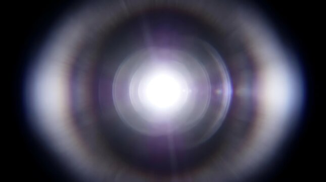 Abstract Glowing White Halo Ring Flare with Light Streaks and Bokeh Effect on Black Background