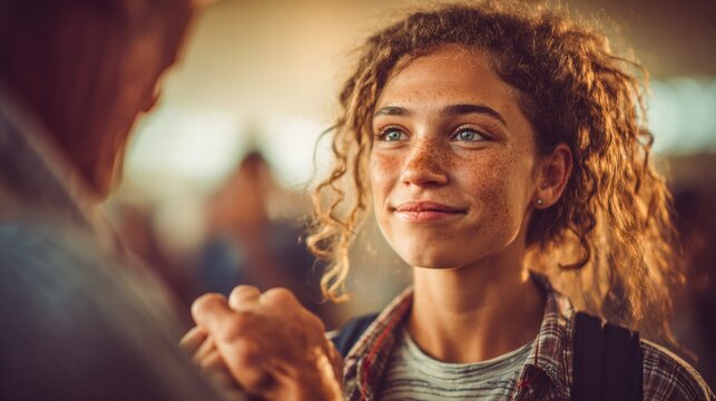 A young woman smiles warmly as she looks at a person in soft focus.