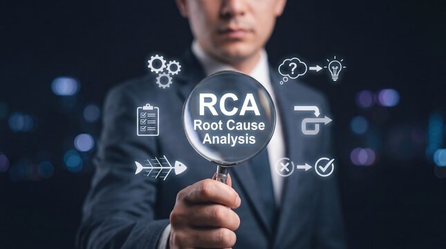 Business professional using magnifying glass for root cause analysis concept strategy