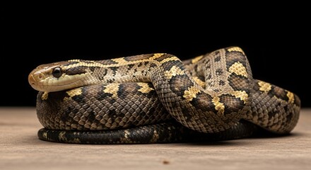 Fototapeta premium A coiled juvenile corn snake on a wooden surface against a black background.