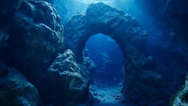 Sunlight rays shining into a deep blue underwater cave with a rocky archway on the ocean floor