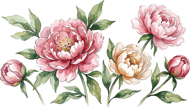 Watercolor pink and peach peony flowers vector illustration element set with green leaves isolated on white background for wedding invitation card design
