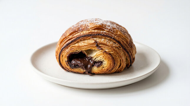 A chocolate-filled pain au chocolat on a white plate, with a bite taken out to reveal gooey chocolate inside