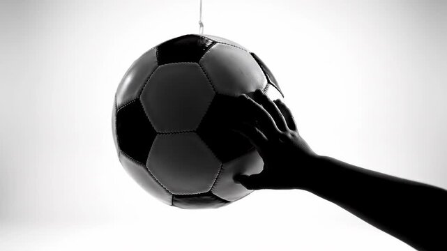 Silhouette of hand touching soccer ball against white.