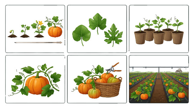 pumpkin plant growth stages and farming illustrations