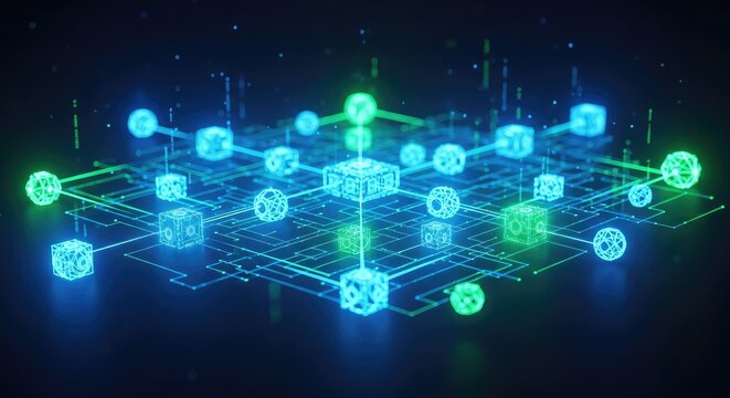 A glowing network of interconnected nodes and lines illustrates a digital supercomputing system with vibrant blue and green neon lights, digital, electric, light