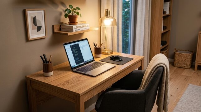 Modern home office setup featuring a compact oak veneer desk with a matte finish, laptop, brass desk lamp, potted plant on a shelf, and an upholstered chair with a throw blanket.