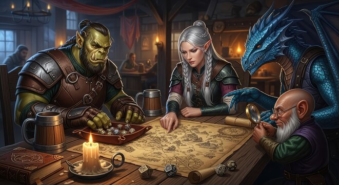 A group of mystical beings including an orc and an elf gather around a wooden table to roll dice and study a large map in a dim tavern room, warrior, figurine, atmospheric