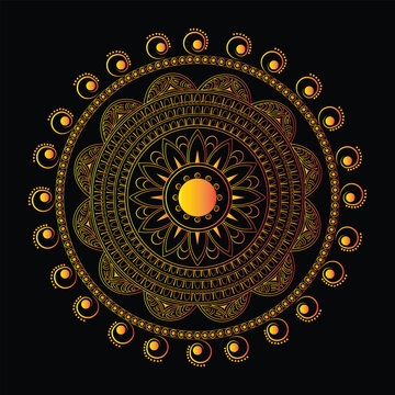 Vibrant orange and yellow mandala design on black background with intricate patterns