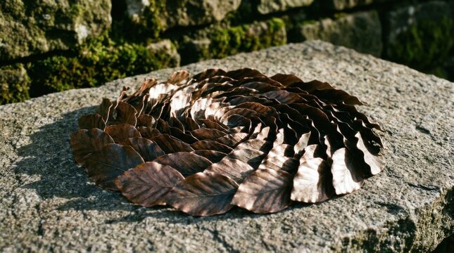 Spiral arrangement of handcrafted bronze and copper beech leaves resting on a weathered grey stone block with a mossy stone wall in the blurred background under bright daylight.