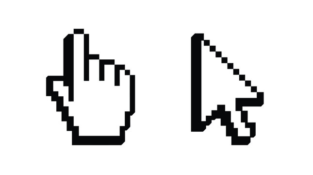 Black pixelated hand cursor and arrow pointer icons displayed