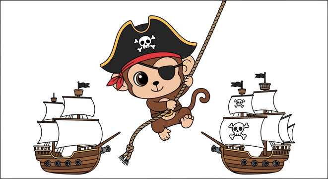 Cute cartoon monkey pirate swinging on a rope between two pirate ships, isolated on white background