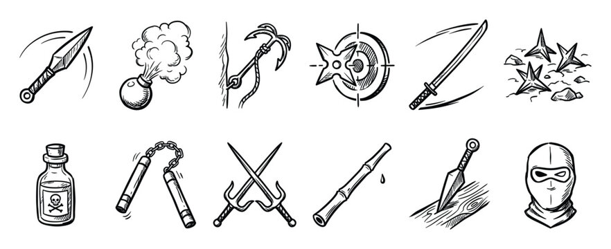 Hand drawn ninja icons set. Japanese martial arts weapons and tools shuriken, katana, nunchaku, sai, kunai, smoke bomb, mask, poison, grappling hook symbols.