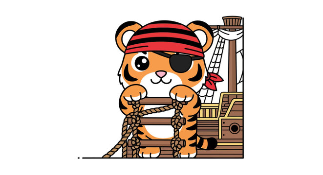 Cute cartoon tiger dressed as a pirate with an eye patch and bandana, holding a rope on a pirate ship.
