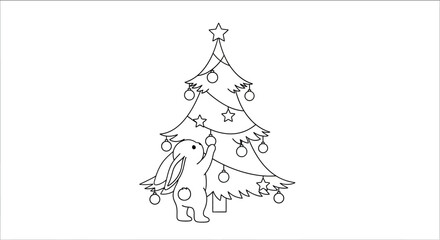 Obraz premium Cute bunny rabbit decorating a Christmas tree with ornaments, outline drawing, festive holiday season illustration
