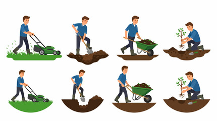 Fototapeta premium Man performing various gardening tasks including mowing the lawn, digging soil, transporting earth with a wheelbarrow, and planting a young tree.