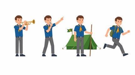Obraz premium A set of four illustrations depicting a young boy scout engaged in various outdoor activities, including playing a trumpet, speaking, camping by a tent, and running with a backpack.