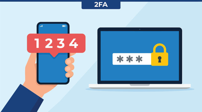 Two factor authentication process shown with a phone displaying a code and a laptop with a password field and lock