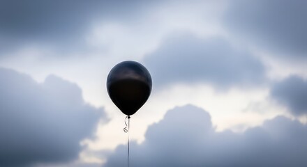 Obraz premium A solitary matte black balloon drifts high through a soft, overcast sky filled with heavy grey and white cumulus clouds at twilight, silence, elegant, symbolic