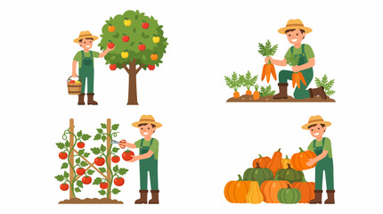 Fototapeta premium Farmer harvesting various fruits and vegetables including apples, carrots, tomatoes, and pumpkins in a garden.