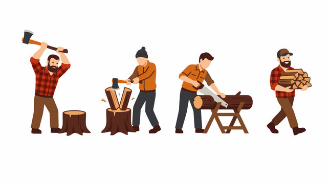 Four men demonstrating the process of woodcutting from chopping logs to carrying firewood.