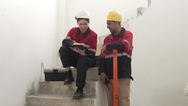 Two construction workers wearing safety helmets discussing renovation progress and reviewing plans inside unfinished building interior.