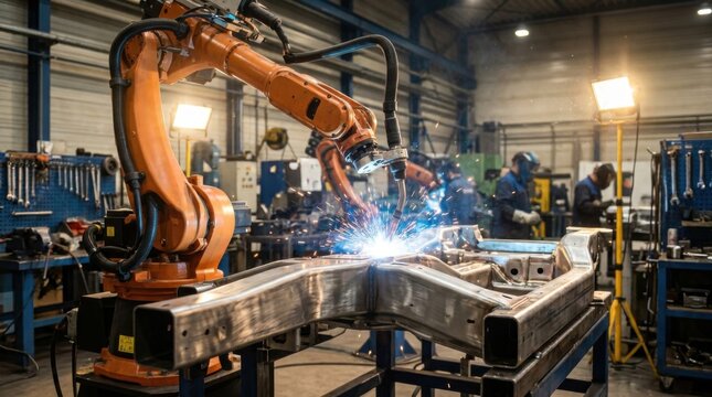 Industrial orange robotic arm performing automated precision welding on a metal chassis in a factory workshop with bright sparks and background workers in protective gear.
