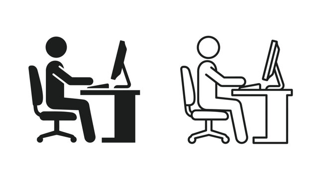 Minimalist black and white icons showing a person sitting at a desk using a computer