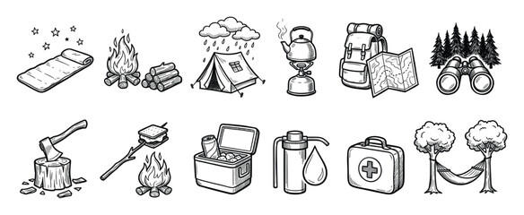 Fototapeta premium Set of camping icons. Outdoor adventure gear, hiking equipment, nature activity tools, camp essentials collection, hand drawn doodle sketch style.
